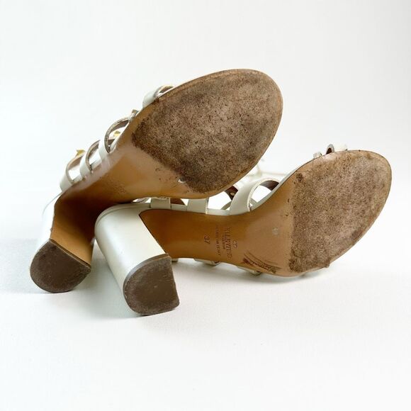 VALENTINO Rockstud White Gladiator Heels Size 37 Sandal Ankle Wrap Tie Lace Up - Picture 9 of 12